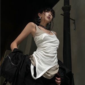 SOLD 💸WARDEN EDGE Streetwear 2 Piece Asymmetrical Tank Top XS White Taupe Khaki